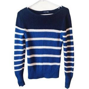 Sperry Top-Sider White Blue Navy Stripe Crew Neck Long Sleeve Sweater Nautical